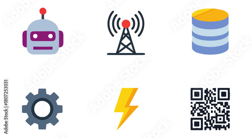 Diverse technology concept icons illustrating modern digital processes like artificial intelligence, data, communication, energy, settings, and QR codes for future-ready designs