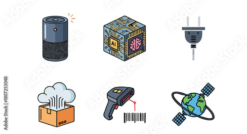 Artificial intelligence icons including a smart speaker, AI cube, electrical plug, delivery box, barcode scanner, and satellite symbolizing technology advancements and digital transformation