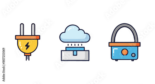 Colorful vector icons representing essential modern technology elements an electric power plug for energy, a cloud computing system for data, and a portable electronic device
