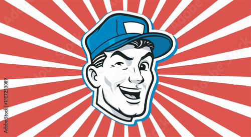Vintage Retro Service Worker Mascot Head Illustration on Red Starburst Background