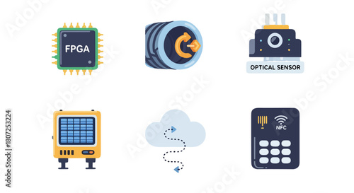 A vibrant collection of flat design technology icons, featuring an FPGA chip, optical sensor, cloud computing symbol, and NFC device for digital concepts