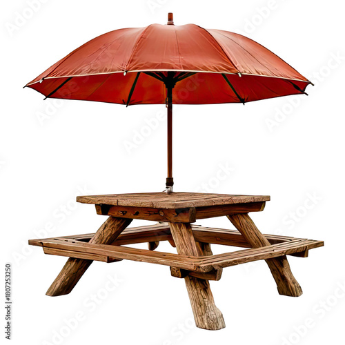 Wooden picnic table with umbrella, isolated on black (3)