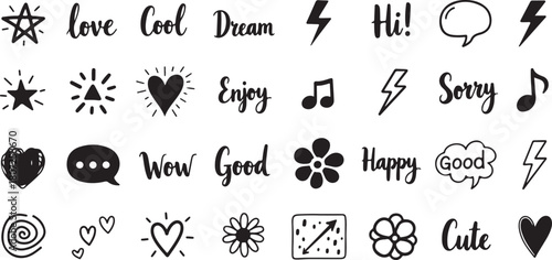 Hand drawn doodle elements set with various symbols and text.