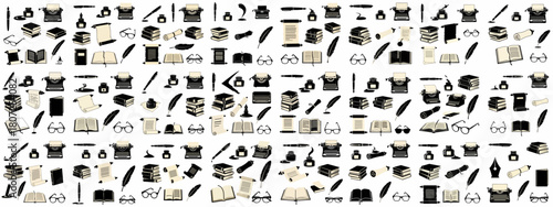 A seamless pattern of vintage writing and reading instruments, including typewriters, books, ink, quills, scrolls, and glasses, symbolizing literature and history.