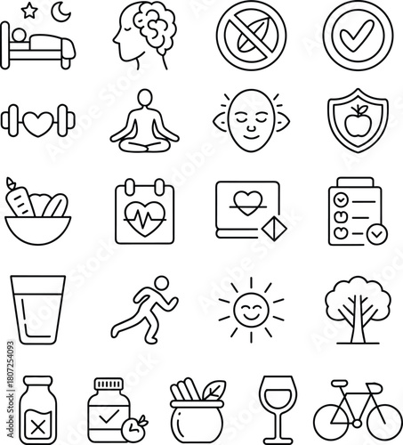 Complete healthy lifestyle icon collection featuring wellness habits, nutrition, exercise, self-care, mental health, daily routines, organic living, and balanced wellbeing symbols