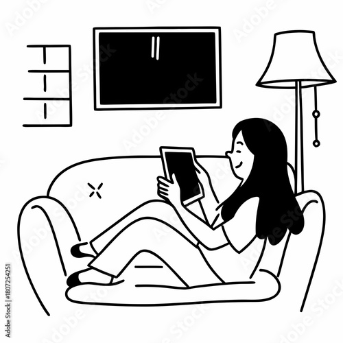Candid of asian woman using tablet for watching online movie stream mobile device on sofa at living room. Young happy girl enjoying with entertainment media online on weekend