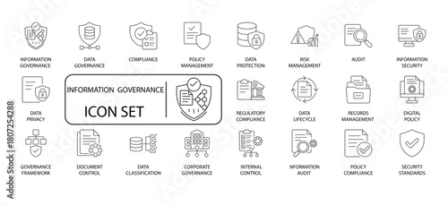 Data and Information Governance Vector Icons Set. Compliance, Privacy, Security, Risk Management, Audit, and Policy Line Art.