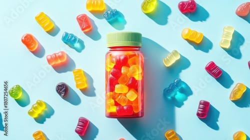 A bottle of colorful gummy chewable supplements surrounded by scattered gummies on a light blue background