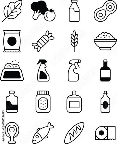 Versatile food and household product icon collection featuring snacks, beverages, cleaning supplies, fresh ingredients, kitchen essentials, grocery items, and everyday consumer goods