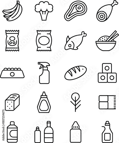 Minimalist grocery store food and household product line icons collection featuring fresh produce, packaged goods, kitchen essentials, cleaning supplies, and daily items