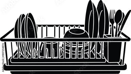 Dish drying rack with clean plates and cutlery after washing kitchenware for organized home vector