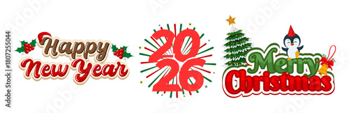 Happy new year 2026 and merry christmas greetings with festive holiday elements