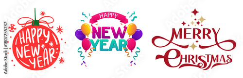 Set of holiday greetings: merry christmas, happy new year greeting card elements with festive design