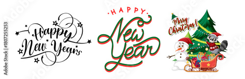 Happy new year and merry christmas holiday design elements with snowman, raccoon, and decorated tree