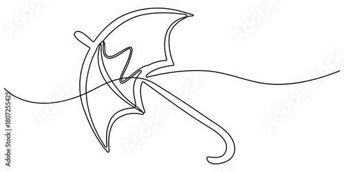 umbrella continuous one line drawing, Continuous one line drawing of opened umbrella. Single line drawing illustration of umbrella protection for rain and uv. Summer holiday concept vector art.