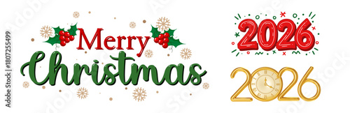 Merry christmas festive greeting with the year 2026 in two stylized designs on white background