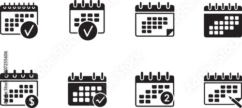 Calendar Icons Set with Checkmarks and Financial Symbols.