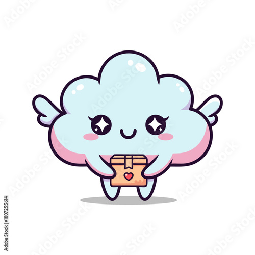 Adorable winged cloud character delivering a small package with a heart on a clean white backgroun