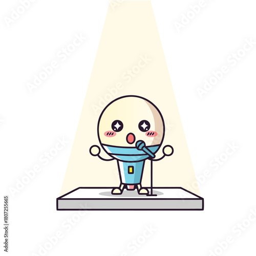 Adorable cartoon mascot character with a surprised expression performing on a stage under a bright spotligh