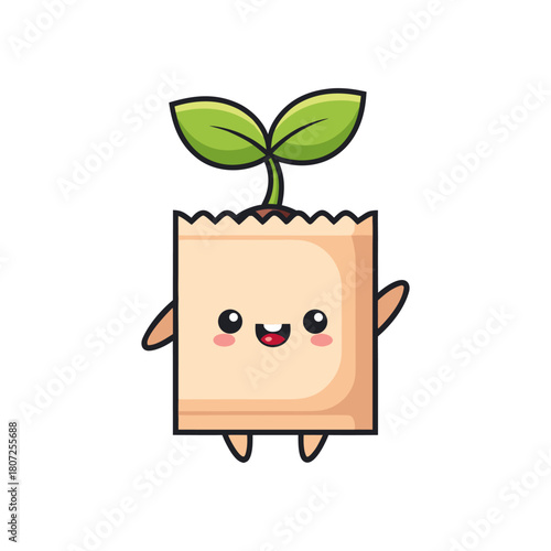 Cheerful cartoon seedling character with green leaves happily waving from a small po