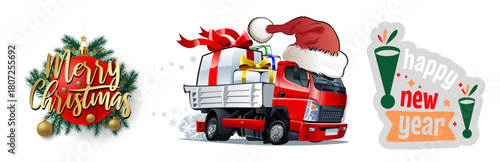 Merry christmas and happy new year holiday illustrations featuring a festive ornament, gift truck, and celebratory champagne glasses.