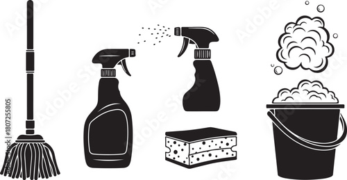Cleaning supplies set with mop, spray bottles, sponge, and bucket with foam.