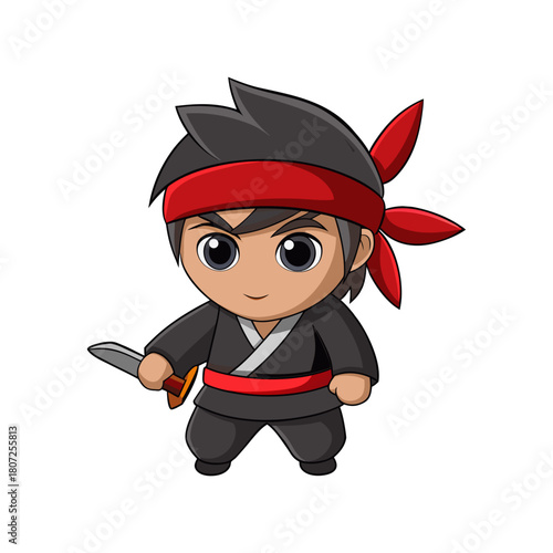 Smiling cartoon ninja character in black uniform with a red headband confidently holding a short swor