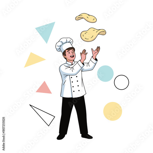 Skilled male chef joyfully tossing pizza dough into the air with abstract geometric shapes on a white background