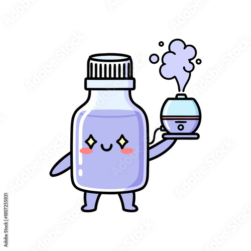 Cheerful kawaii essential oil bottle character presenting an aromatherapy diffuser with diffusing mist on a white background