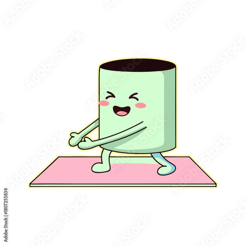 Adorable happy cartoon character with rosy cheeks actively performing a yoga lunge on a pink mat