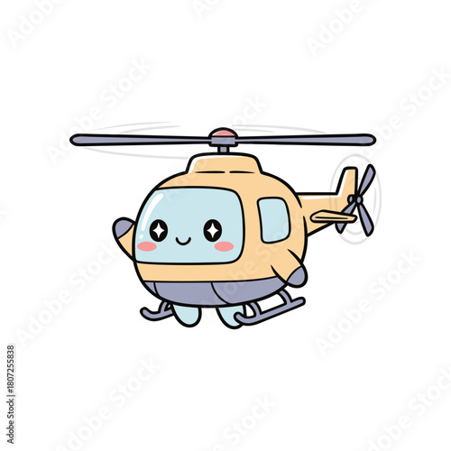 Adorable kawaii style helicopter character smiling and waving hello on a clean white background