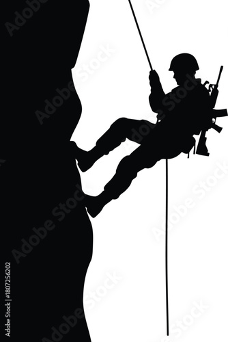 Silhouette soldier rappelling down rocky mountain cliff adventure outdoors extreme sport action vector