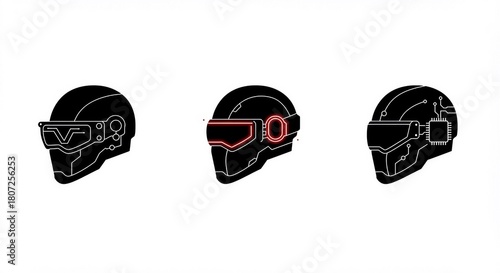 Cool futuristic black helmets with VR headsets and microchips for augmented reality and gaming, highlighting advanced technology and futuristic design elements