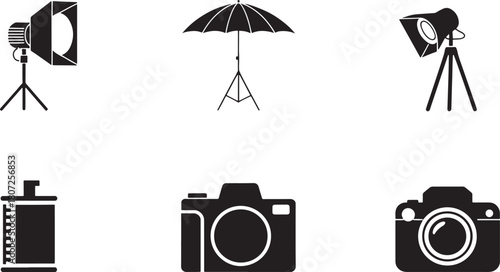 Photography Studio Icons Light Stands Umbrella Camera Film Roll lighting equipment