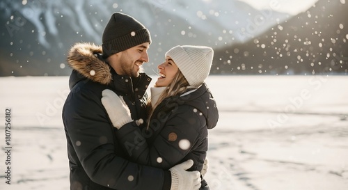 Romantic winter escape! A couple embraces in a snowy landscape. Perfect for Valentine's Day promotions, travel ads, seasonal greeting cards, or outdoor apparel campaigns.