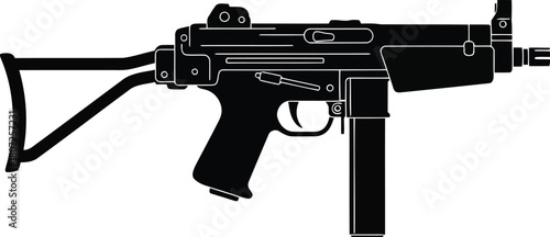 Submachine gun silhouette tactical weapon firearm military combat soldier defense power vector