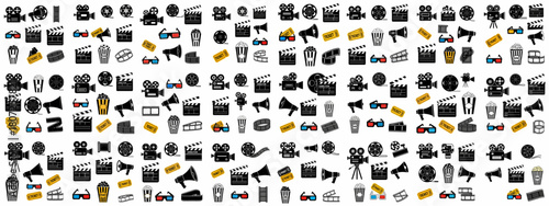 Black and white seamless pattern featuring cinema icons like film cameras, clapperboards, popcorn, tickets, reels, megaphones, and 3D glasses, symbolizing movie entertainment.