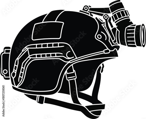 Tactical military helmet with night vision goggles for combat and surveillance operations vector