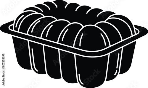 Simple cartoon line art of a bundt cake packed in a black plastic food container tray vector