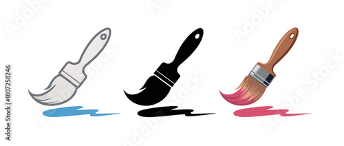 Three paintbrushes, each with different styles and colors of paint strokes beneath them, symbolize artistic creation and diversity.