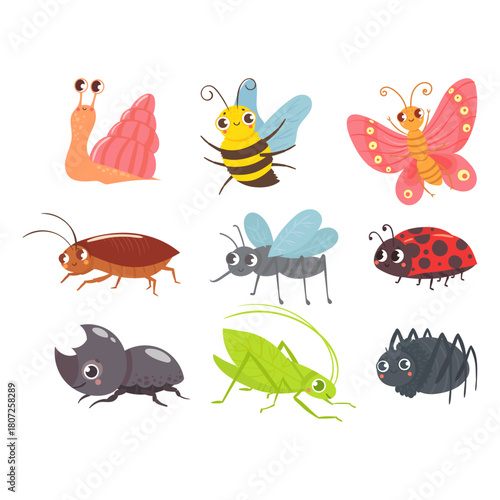 Collection of cute cartoon insects and small creatures, colorful and playful design
