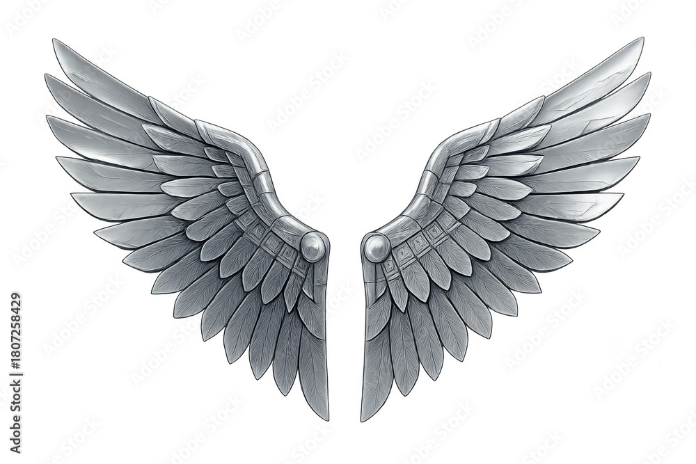 Obraz premium Silver mechanical wings icon for freedom, power, and fantasy concepts on a transparent background