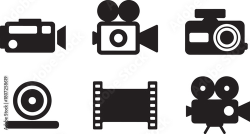 Set of Six Black Camera and Film Icons on White Background Keywords: camera, video, film, movie