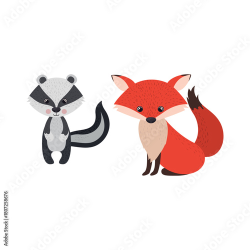 Delightful cartoon forest animals a cute skunk and clever fox, perfect for whimsical nature concepts