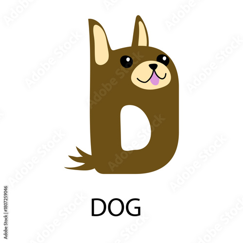 Cute brown dog shaped letter 'D' with the word 'DOG' underneath, perfect for educational or playful designs