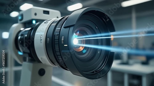 Wallpaper Mural Advanced Camera Lens Capturing Blue Light Beams in Scientific Research Lab. Torontodigital.ca