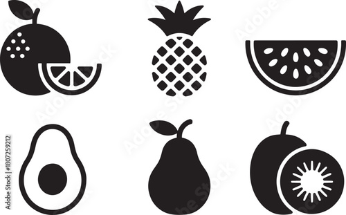 Six black fruit icons including orange pineapple watermelon avocado pear kiwi vector illustration