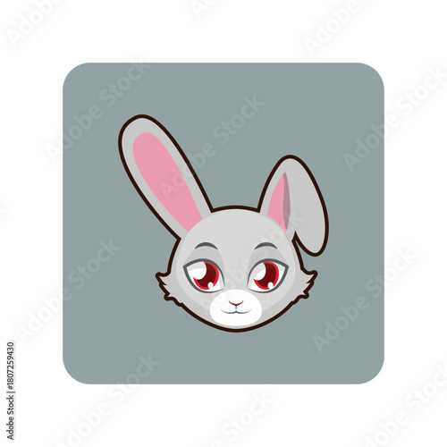 Cute Gray Rabbit Head With Big Red Eyes and Long Ears, Cartoon Style, Icon Illustration