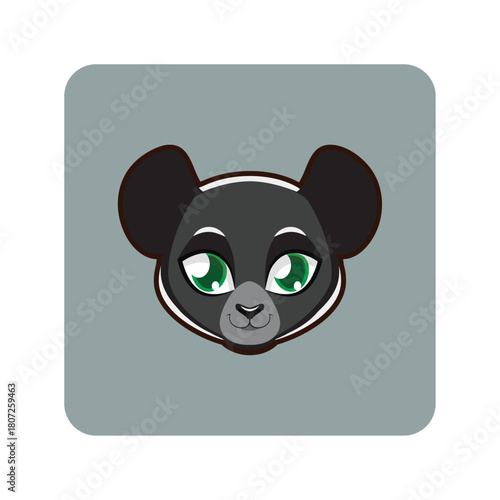 Cute Black Bear Cub Face Illustration With Big Green Eyes and Round Ears in a Square Frame