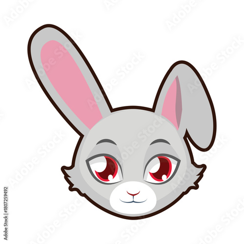 Adorable cartoon bunny face illustration, featuring large pink ears and striking red eyes, a delightful animal character design